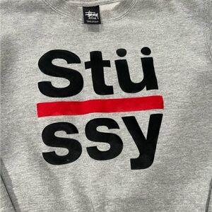 Y2K Stussy Gray Crewneck Sweatshirt with Black Logo and Red Stripe